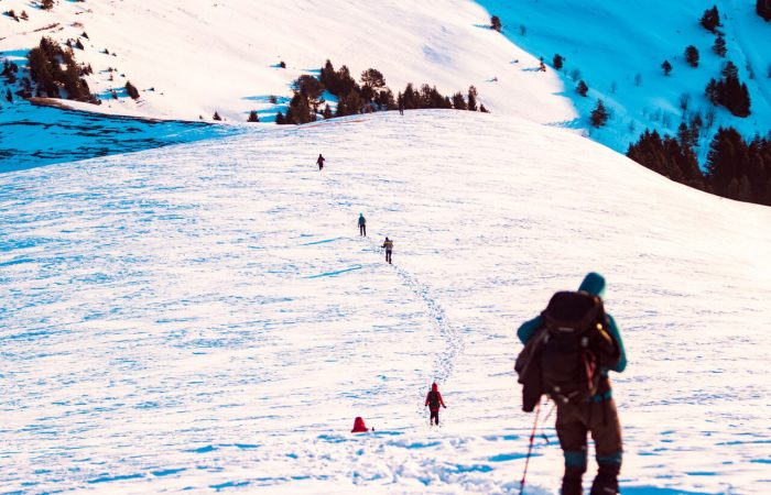 hikers walking borjomi hiking trail on snowshoe, Georgia, winter tour of camp caucasus