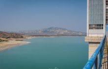 Scenic view of massive dam slope and reservoir in Vashlovani National Park, Georgia