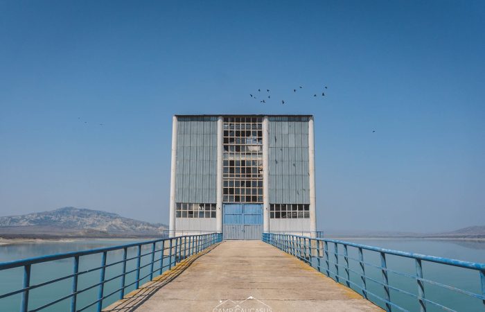View from walkway leading to Soviet-era control tower over Dali mountaini reservoir in Vashlovani National Park, Georgia, Europe