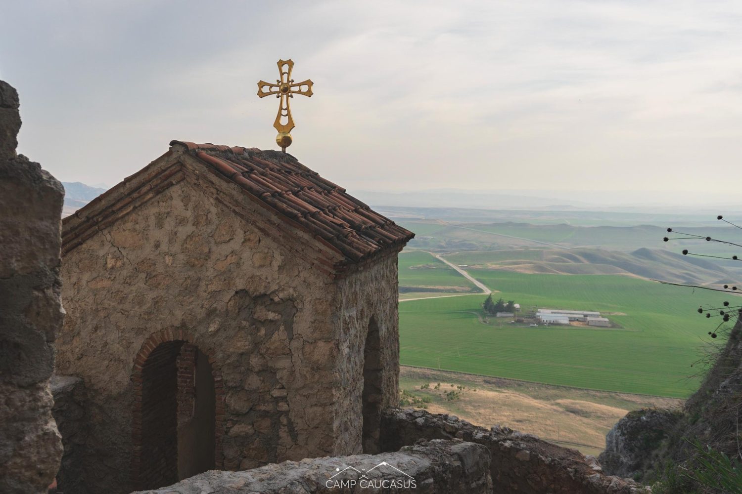 St. Elia Church overlooking green plains in Kakheti, Vashlovani National Park, Georgia