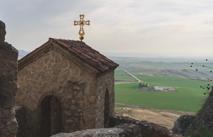 St. Elia Church overlooking green plains in Kakheti, Vashlovani National Park, Georgia