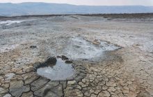 Bubbling mud vent with cracked terrain in Vashlovani’s Takhti-Tepha volcanic field