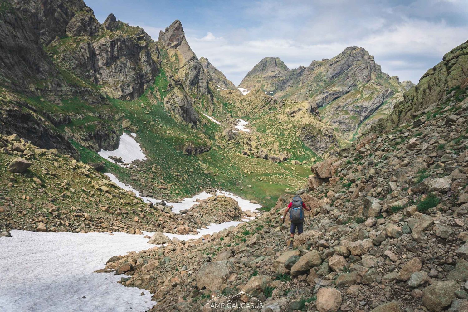 Snow-covered sections of the Tobavarchkhili alpine trekking trail