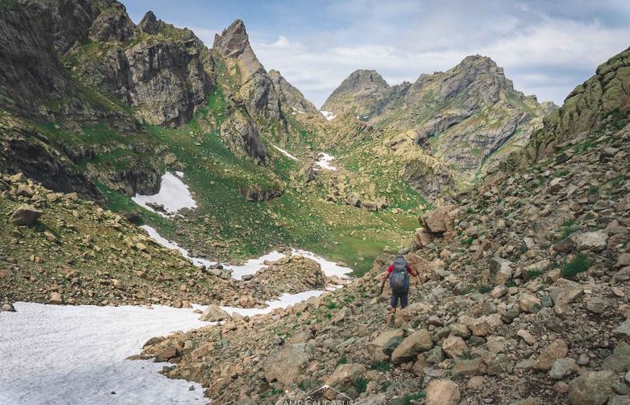 Snow-covered sections of the Tobavarchkhili alpine trekking trail