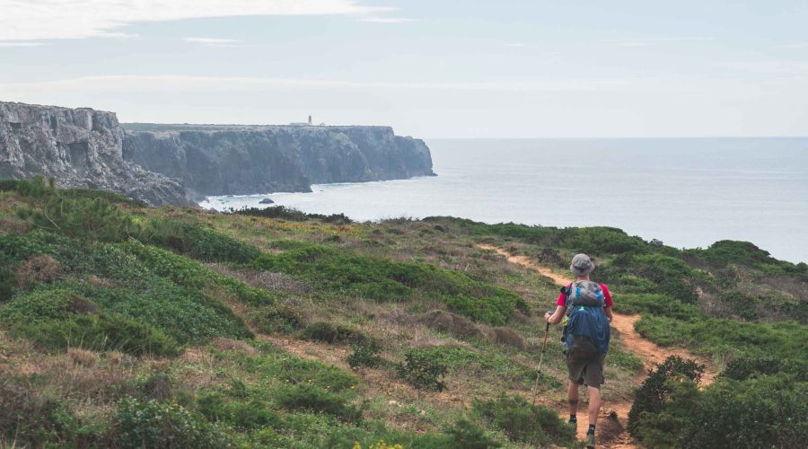 Hiker on the Fisherman’s Trail near Cabo de São Vicente during the Portugal Coastal Hike