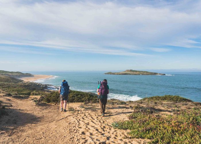 Hikers starting the Fisherman’s Trail in Porto Covo on the Portugal Coastal Hike