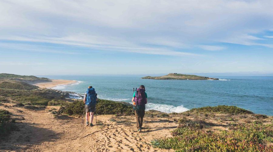 Hikers starting the Fisherman’s Trail in Porto Covo on the Portugal Coastal Hike